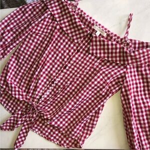 Red Gingham🍒Tie-Front Off Shoulder Blouse with Shoulder Straps